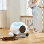 Modern white automatic cat litter box in home interior with Bengal cat using device while person walks past