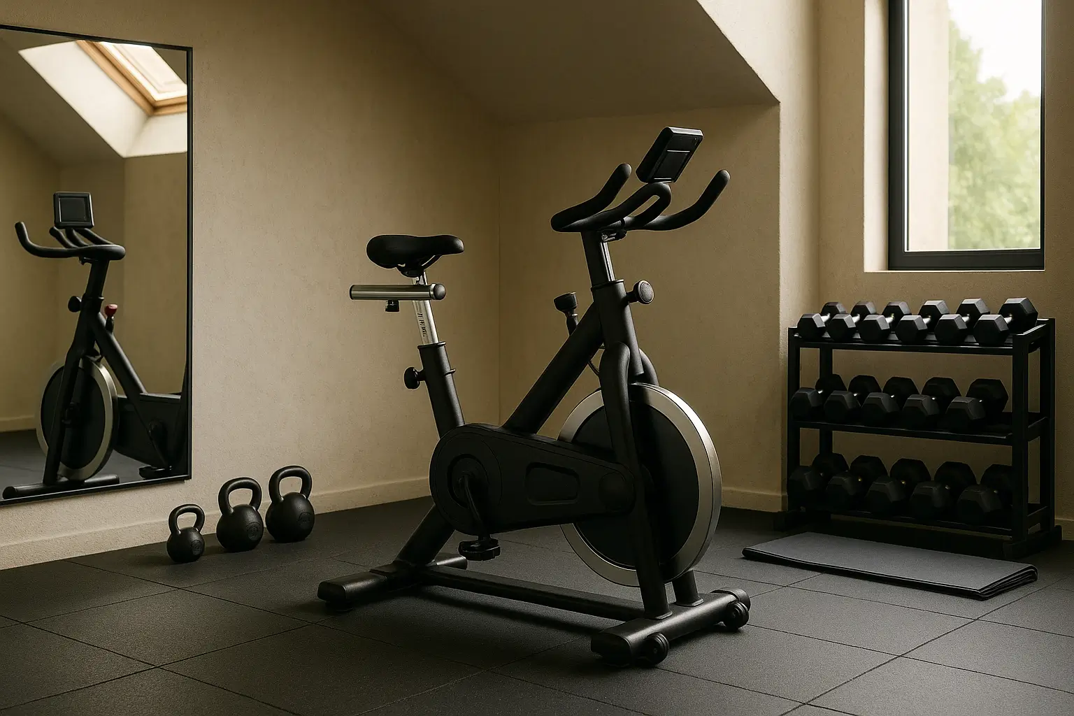an indoor bicycle inside a nice home gym
