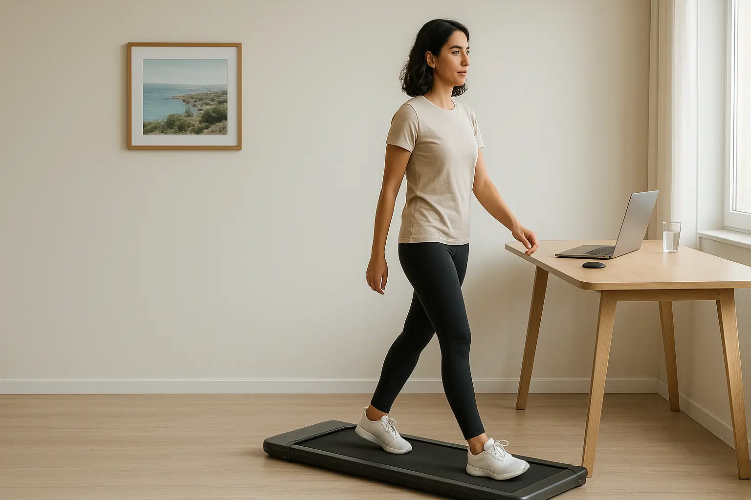 Κύπρια γυναίκα που χρησιμοποιεί walking pad (διάδρομο γραφείου) κάτω από γραφείο ορθοστασίας σε φωτεινό home office—παρουσίαση σύγχρονων walking pads για εργασία.