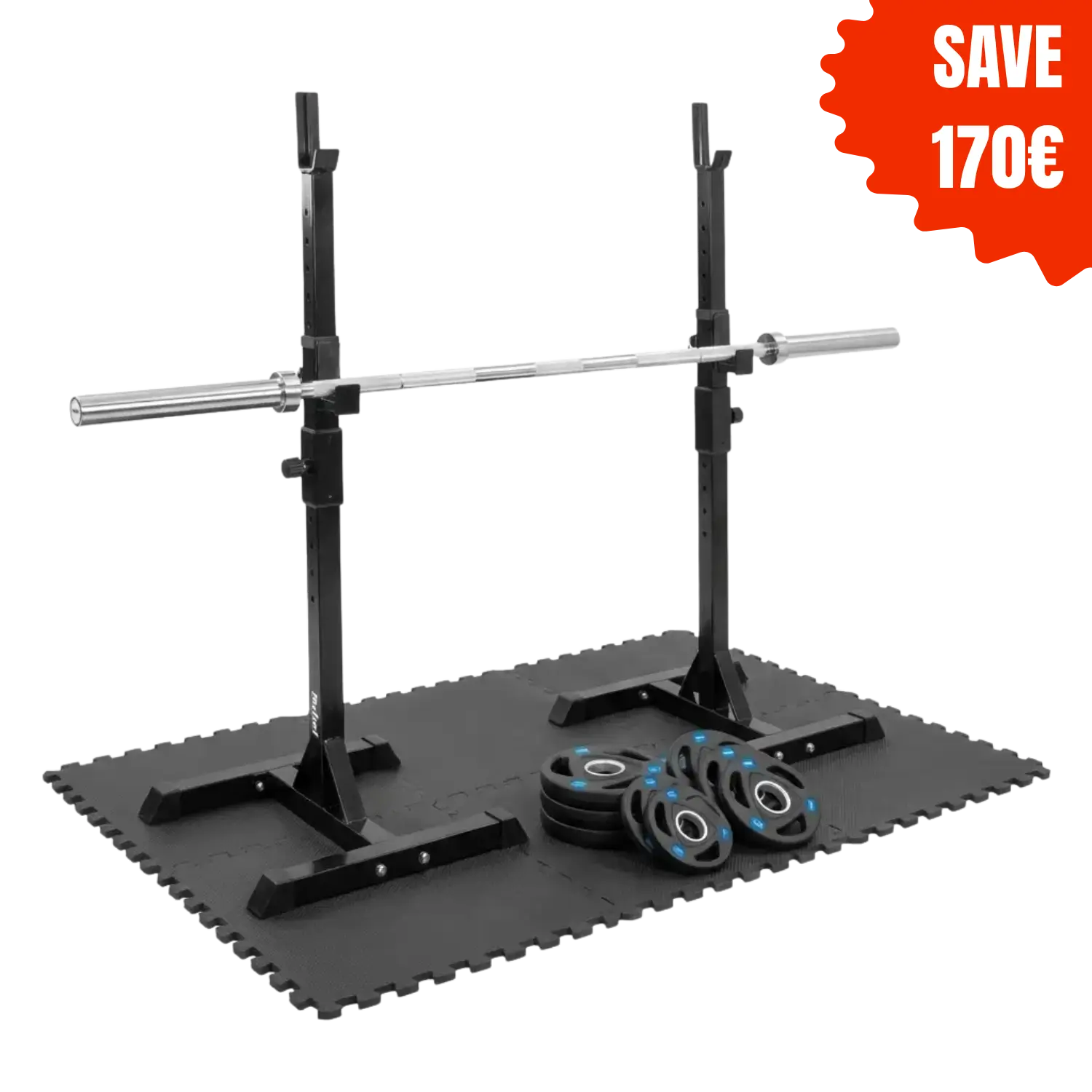 Πακέτο Rebel Active Advanced Barbell (ράφι για κατακόρυφα άλματα + ολυμπιακή μπάρα + δίσκοι 80 κιλών) + ΔΩΡΕΑΝ στρώμα δαπέδου EVA