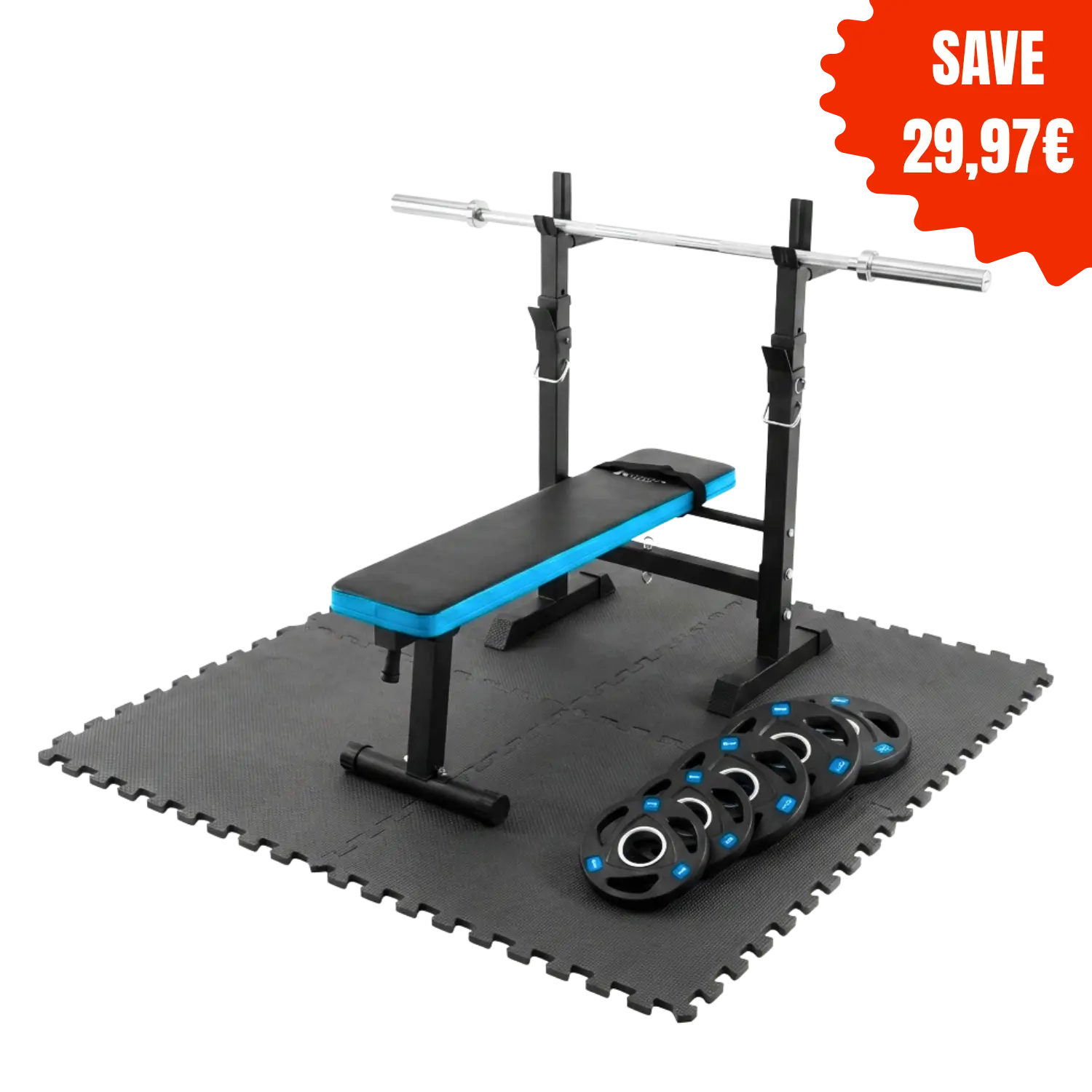 Πακέτο Rebel Active Starter Bench Press (ρυθμιζόμενος πάγκος + ολυμπιακή μπάρα + δίσκοι 30 κιλών) + ΔΩΡΕΑΝ χαλάκι δαπέδου EVA