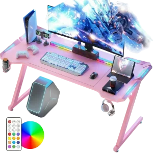 120cm LED Gaming Desk with RGB Lighting and Carbon Fibre Surface - Pink