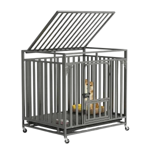 Heavy-Duty Square Tube Dog Cage with Skylight Roof, Pull-Out Tray and Caster Wheels - 95 x 63 x 80cm