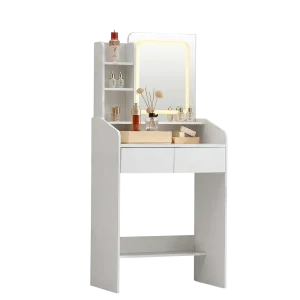 Compact Makeup Vanity Desk with LED Strip Mirror, 2 Drawers and Side Shelves, White Dressing Table with Touch-Control 3-Mode Lighting for Bedroom