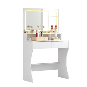 Wide Makeup Vanity Desk with Landscape LED Strip Mirror, 2 Drawers and Open Display Shelf, White Dressing Table with 3-Mode Touch Lighting for Bedroom