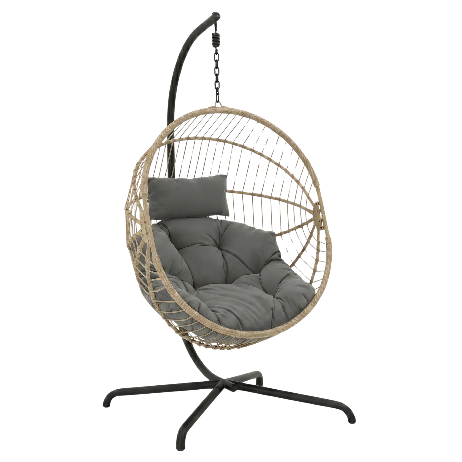 Beige Hanging Egg Chair with Stand and Cushion for Indoor Outdoor Use
