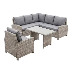 Grey Rattan Corner Sofa Set with Glass Table and Armchair - 4 Piece Outdoor Patio Furniture