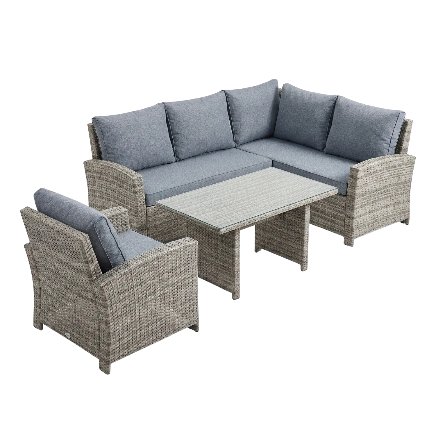 Rattan Corner Sofa Set with Glass Table and Armchair – 4 Piece Outdoor Patio Furniture