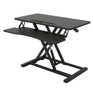 Black Pneumatic Sit-Stand Desk Converter with Dual-Tier Work Surface and Keyboard Tray