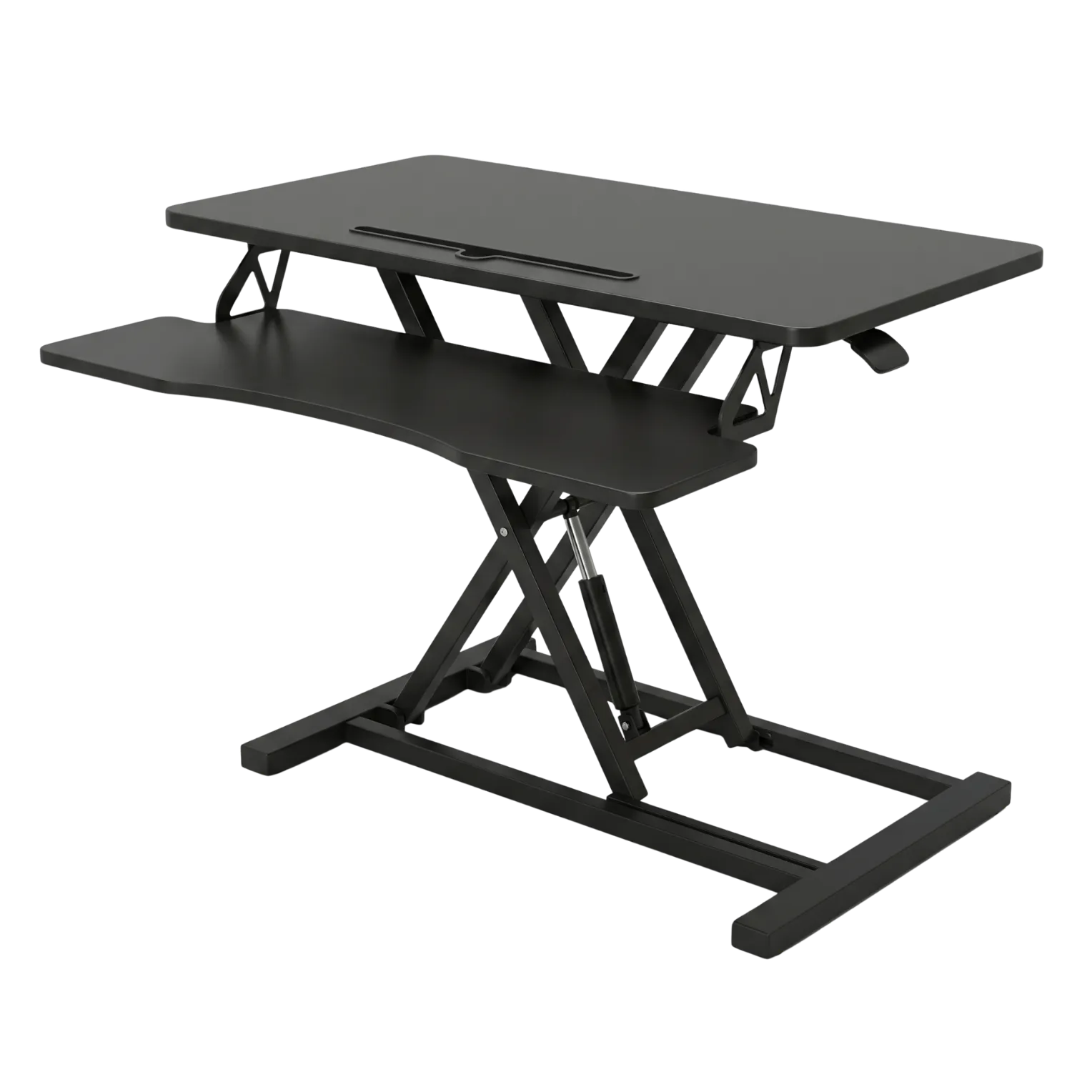 Black Pneumatic Sit-Stand Desk Converter with Dual-Tier Work Surface and Keyboard Tray