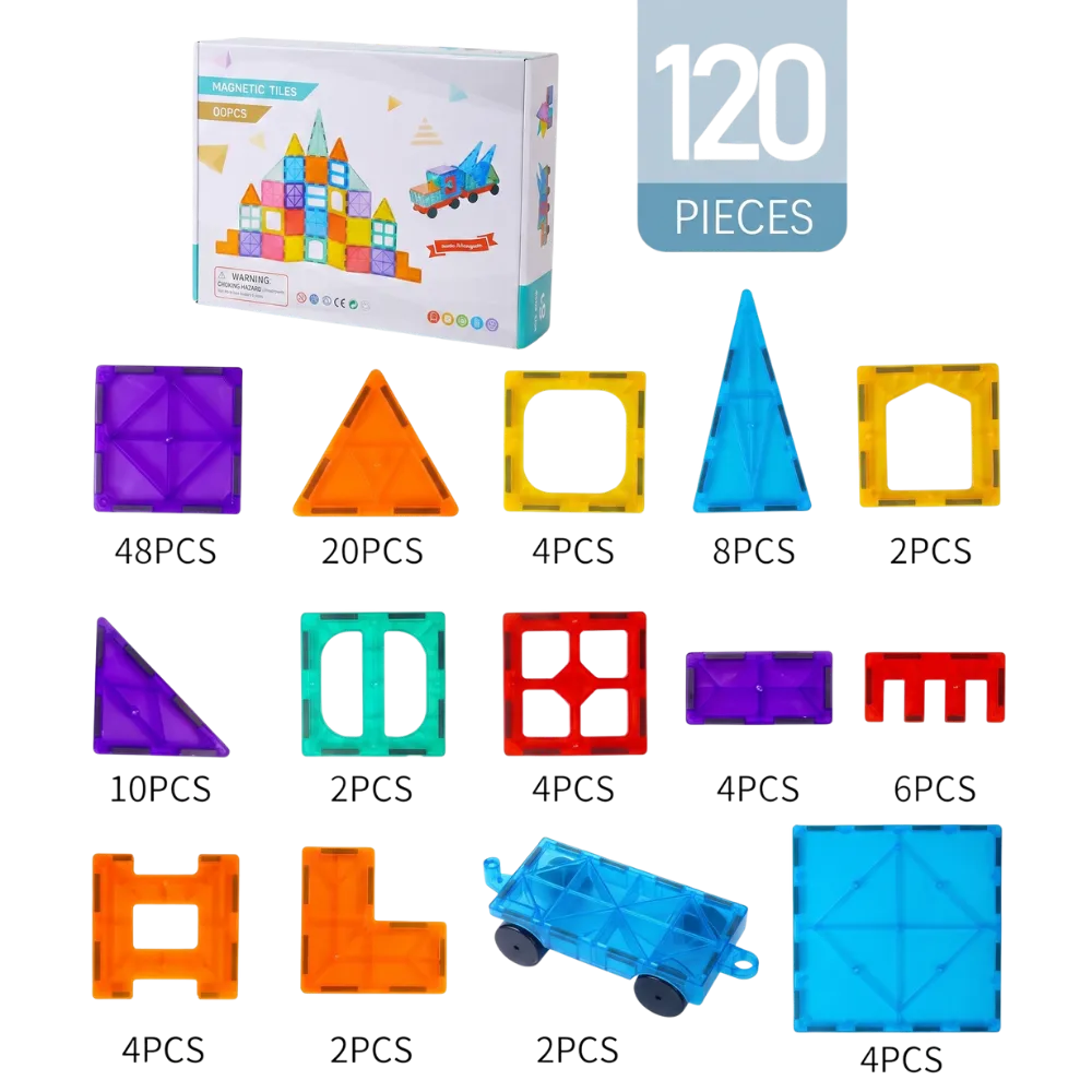 120 Piece Magnetic Tiles Building Set for Kids 3+ | 65mm Translucent ABS Blocks